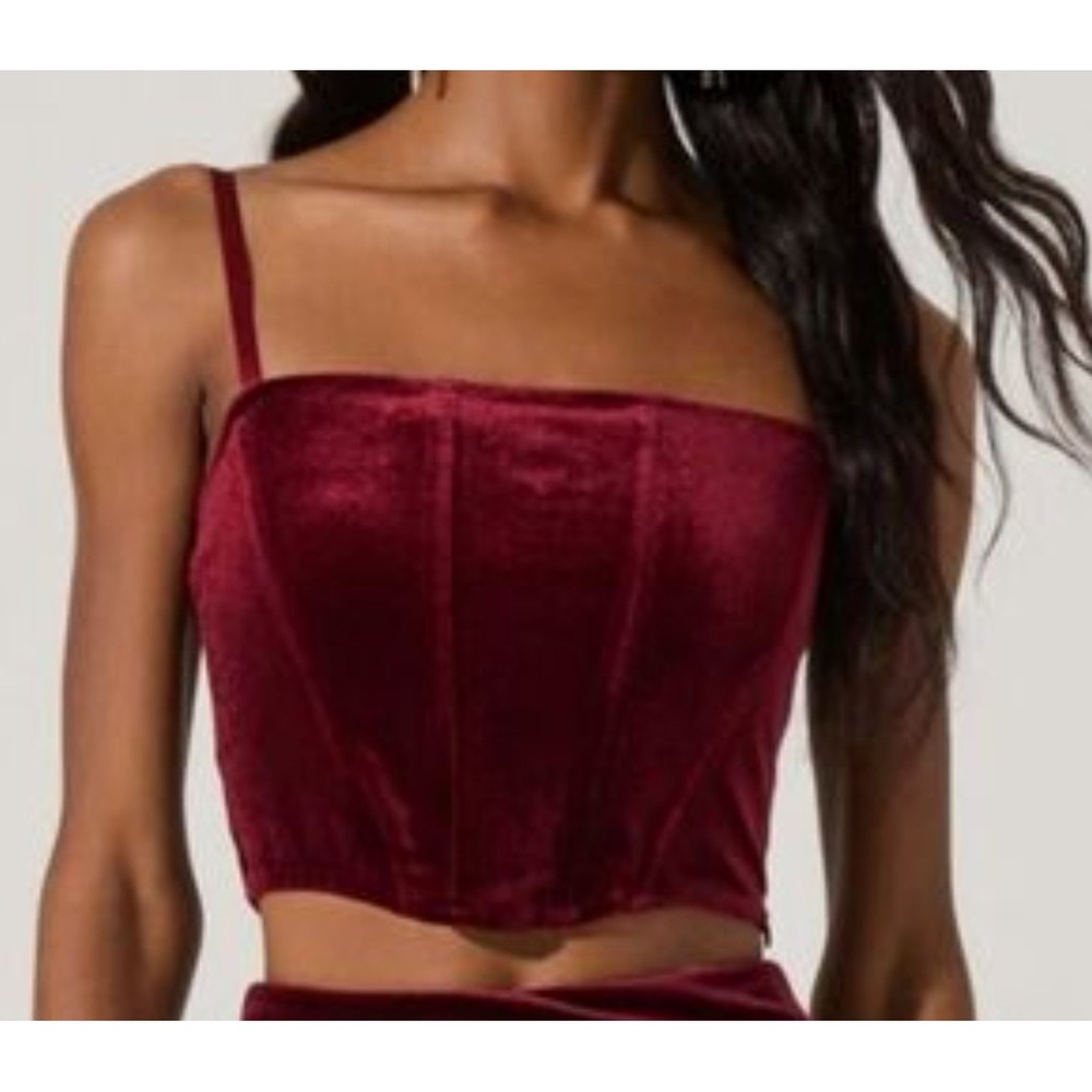 New ASTR The LABEL Women's Velvet Corset Crop Top Square Neck Stretch Wine S Red